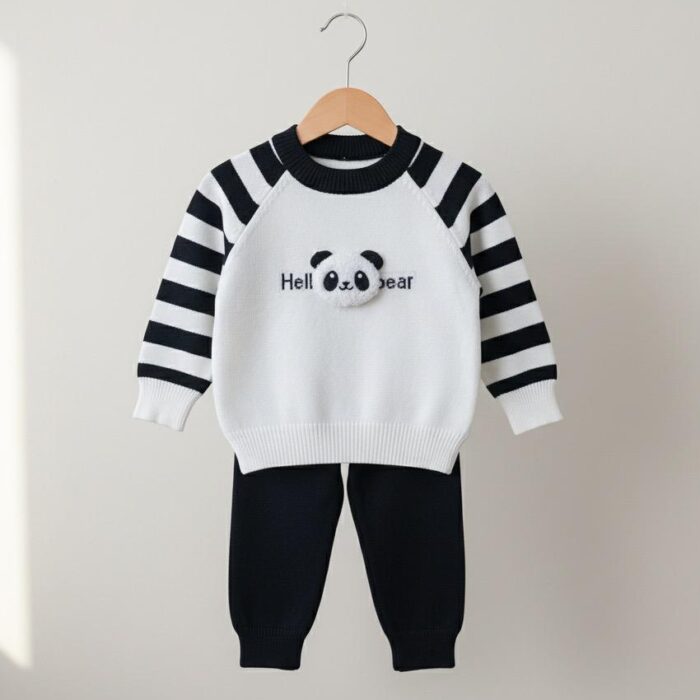 Soft Woolen Bear Pajama Suit - off White n Black