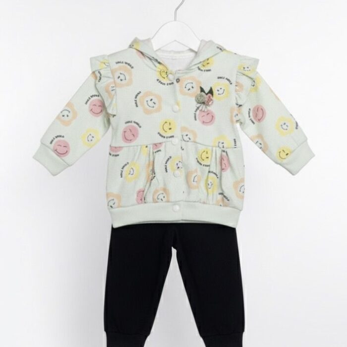 Girls 3 Pcs Smily Hoodie Suit with Inner – Sea Green