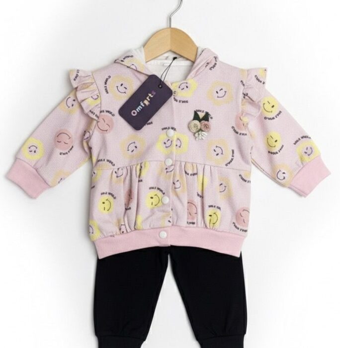 Girls 3 Pcs Smily Hoodie Suit with Inner – Baby Pink