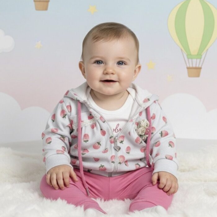 Girls 3 Pcs Strawberry Hoodie Suit with Inner – Sky Blue