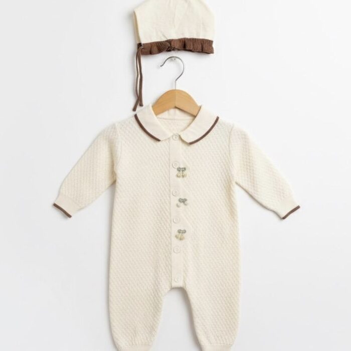 Girls Soft Woolen Romper with Cap – Cream