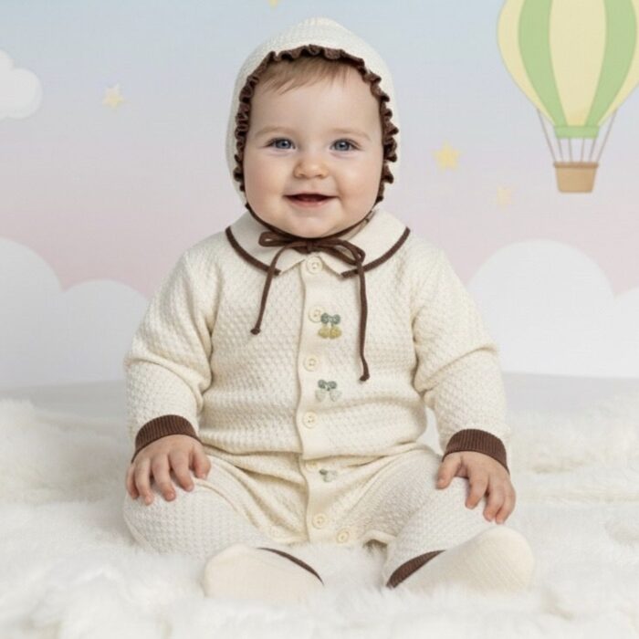 Girls Soft Woolen Romper with Cap – Cream