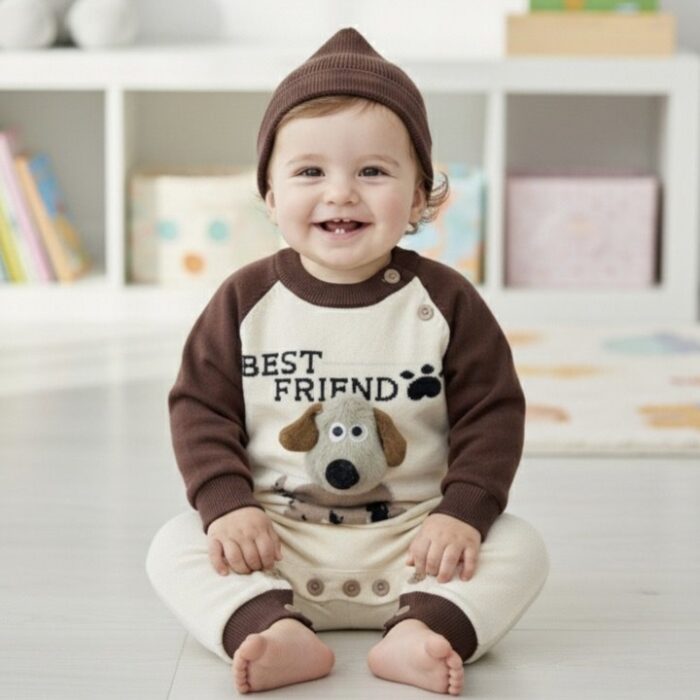 Boys Soft Woolen Cool Puppy Romper with cap